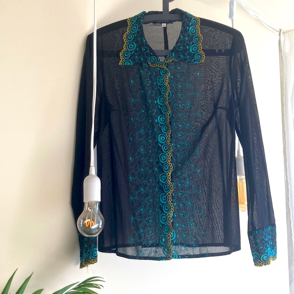 Anna Sui Cotton Gauze Embroidered Blouse with Snaps